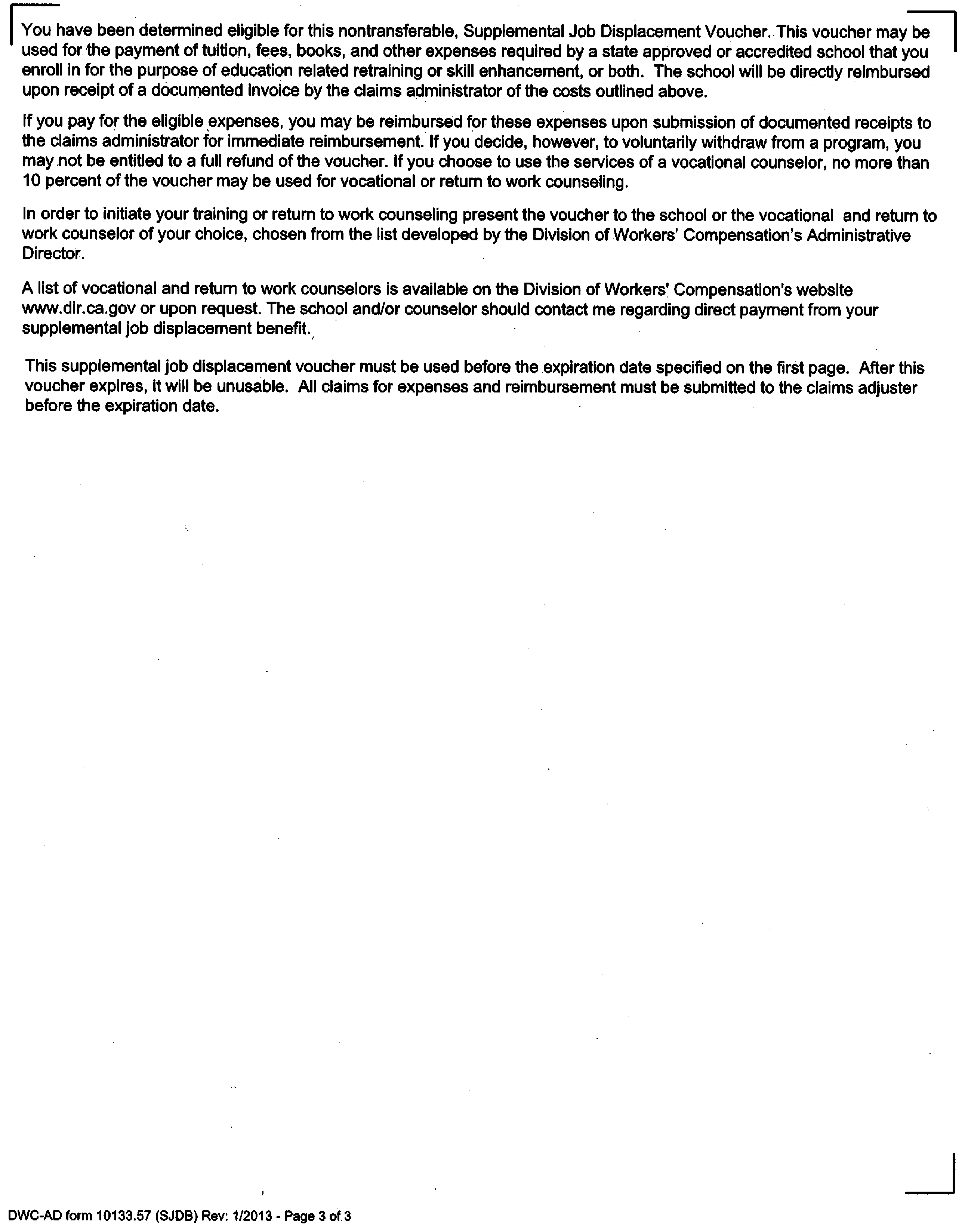 Image 3 within § 10133.57. Form [DWC-AD 10133.57 “Supplemental Job Displacement Nontransferable Training Voucher Form for Injuries Occurring Between 1/1/04 - 12/31/12, Inclusive.”]